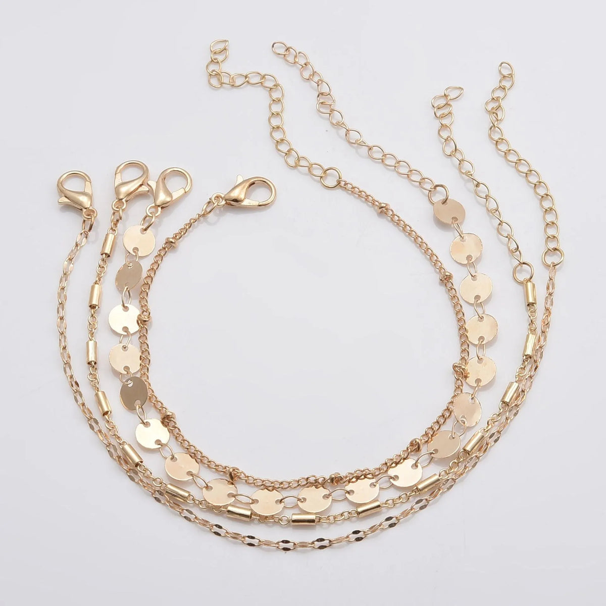 4-pack geometric bracelet set in gold or silver, tube chain disc lace styles, 16cm plus 5cm extension
