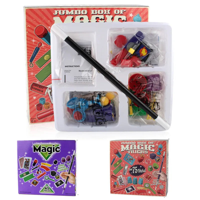 Children's magic toy set with plastic props in carton packaging for ages 3-7 years