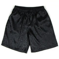 Men's black Tang suit style shorts with an elasticated drawstring waistband laid flat