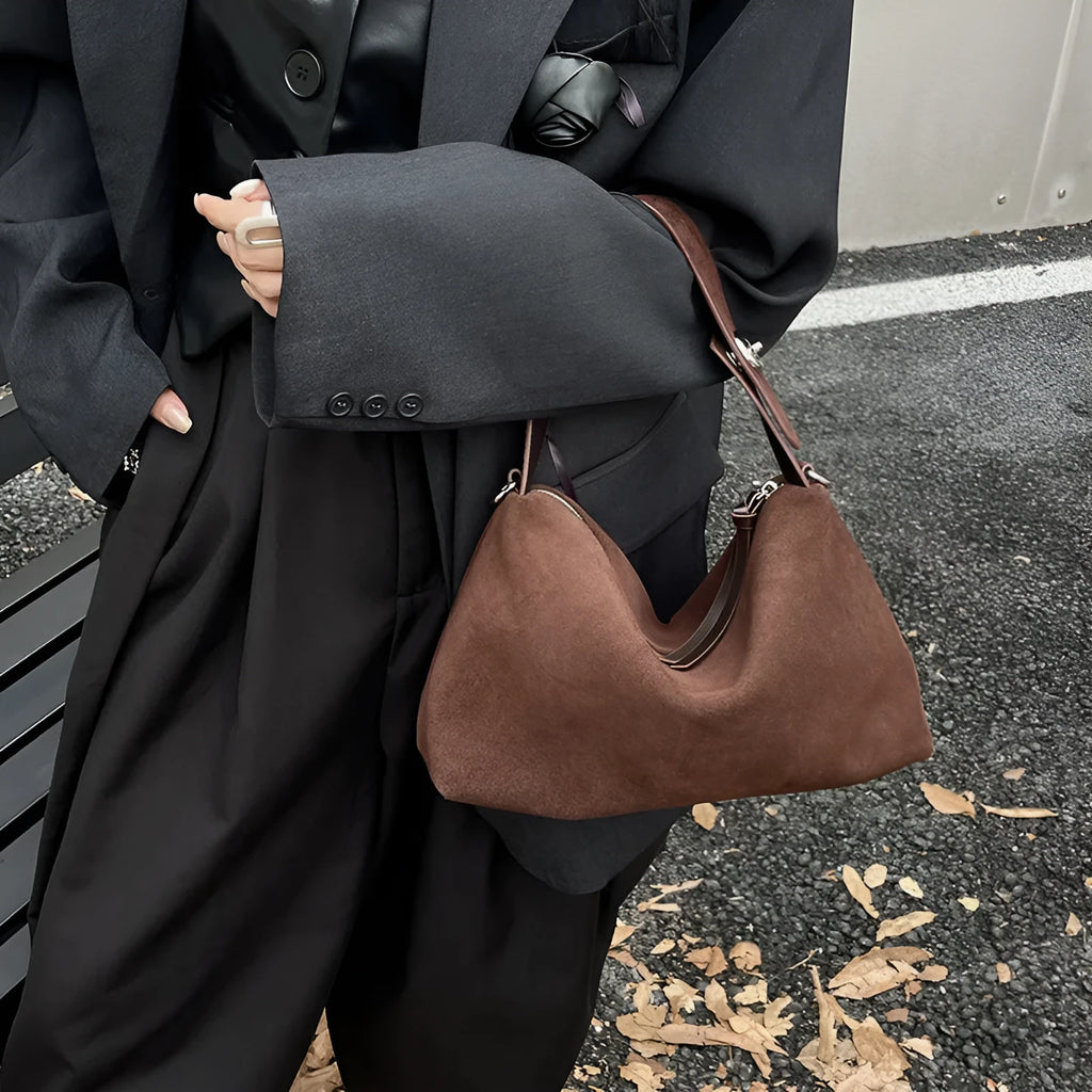 Women's genuine leather suede underarm baguette bag with sandwich pocket in deep coffee, 32x20x10cm