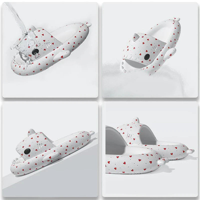 Shark-inspired slippers with heart design, available in various colors and sizes for men and women