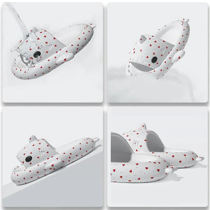 Shark-inspired slippers with heart design, available in various colors and sizes for men and women