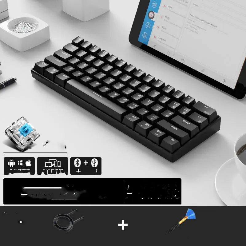 RK61 60% compact wireless mechanical keyboard with blue casing on a desk, showing Bluetooth symbol and included carrying belt.