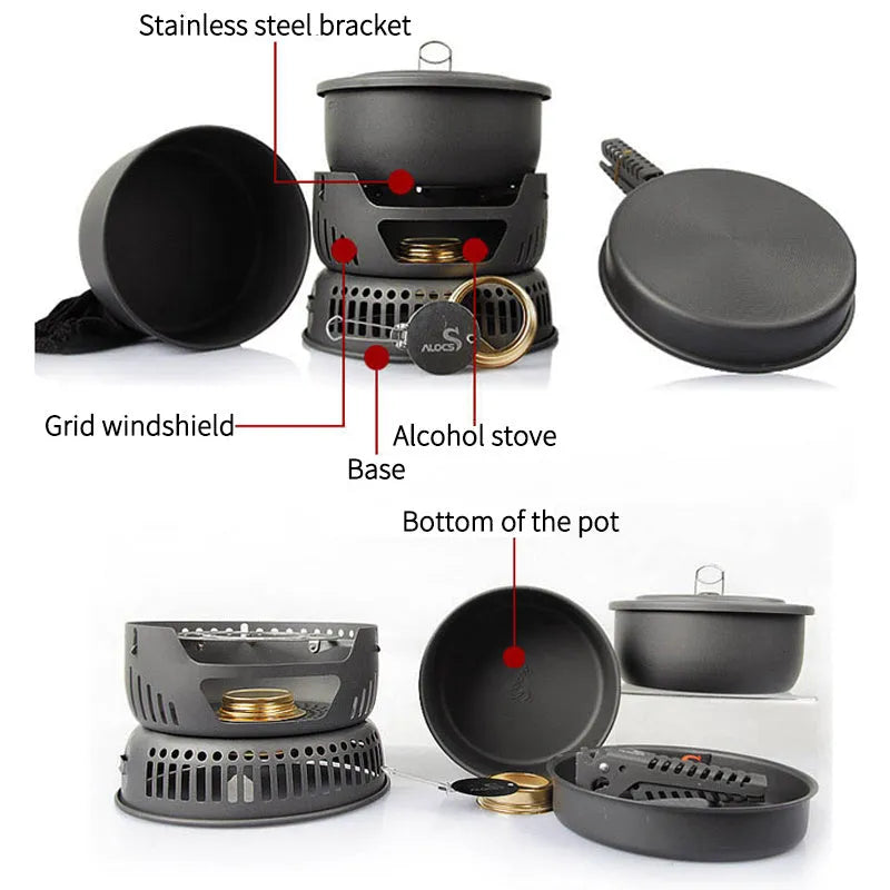 Alocs CW-K26 aluminium non-stick outdoor camping pot set stacked on a wooden table.