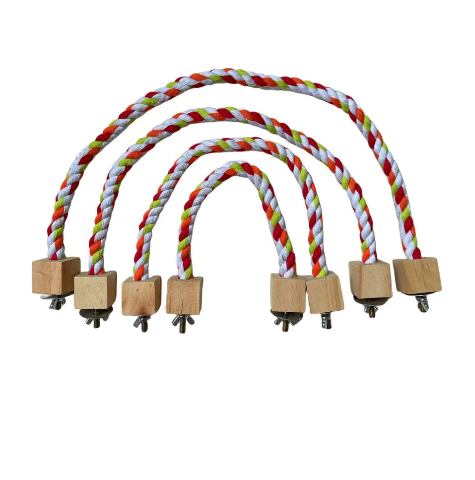 Parrot climbing rope toy with wooden swing rings on natural wood rope, 30-60cm length options
