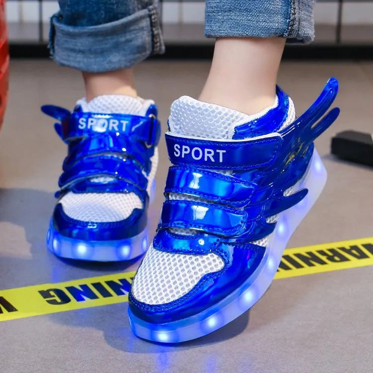Children's light-up sneakers with glitter wings, artificial leather upper, rubber sole, Velcro strap, USB rechargeable, sizes 24-37