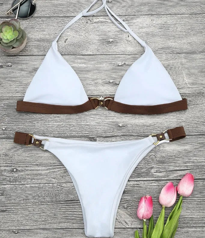 Women's split bikini set in pattern style with pull-through chest padding, polyester fabric