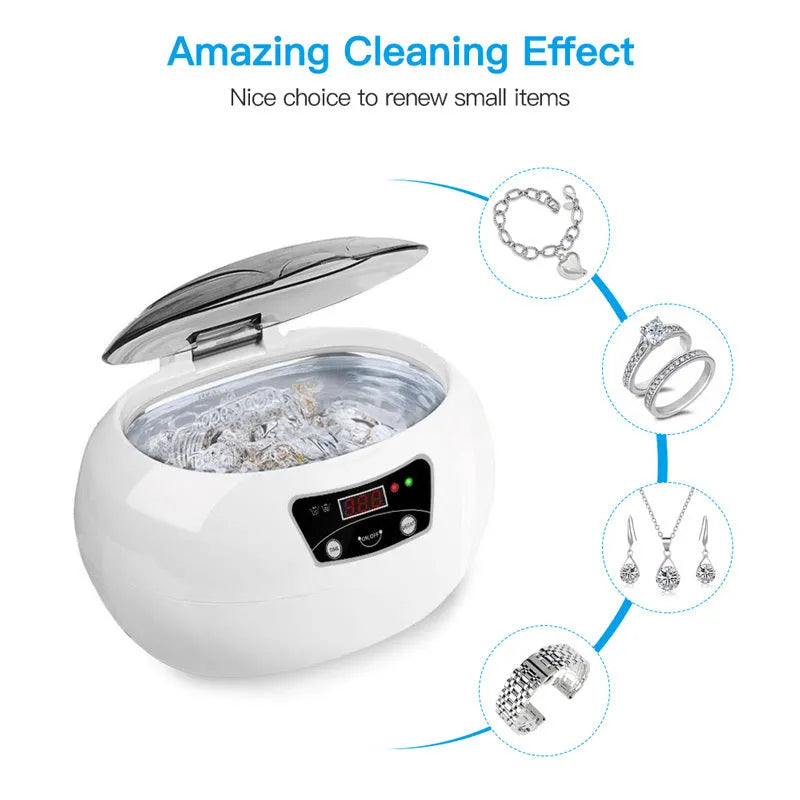 White blue ultrasonic cleaning machine with digital control panel on a countertop, 40KHz household appliance