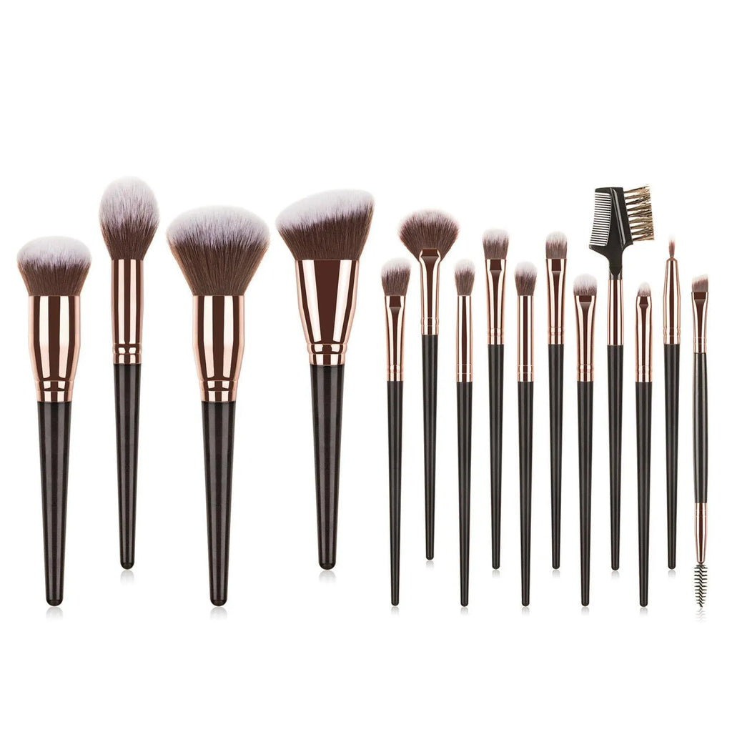 15-piece makeup brush set with eye shadow brush, man-made fibre bristles, plastic handles, 19cm length, brown or black