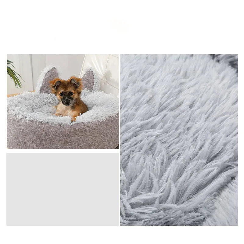 Soft plush faux fur circular pet bed for cats and dogs in blue colour