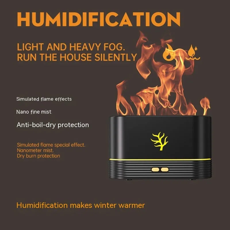Square white or black USB flame humidifier and aroma diffuser with LED fire effect