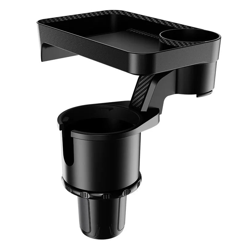 Black rotating car cup holder with dinner plate attachment shown in large and small size options.
