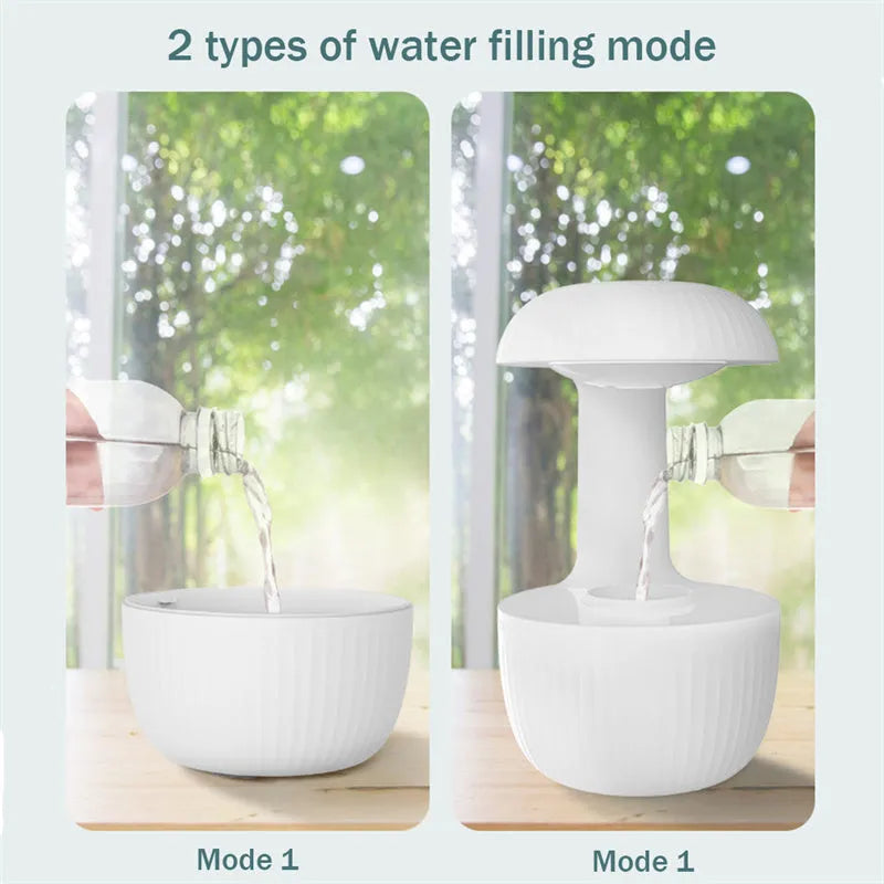 White anti-gravity levitating humidifier showing water droplets flowing upward with cool mist output
