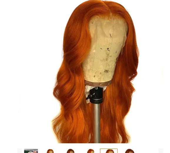 Dark orange real human hair wig with smooth texture on a mannequin head, available in various lengths and densities.