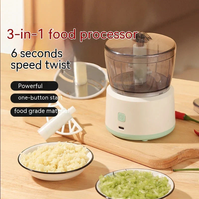 Compact and powerful electric mini meat grinder and food processor with transparent bowl, ideal for chopping, mincing, and pureeing a variety of ingredients