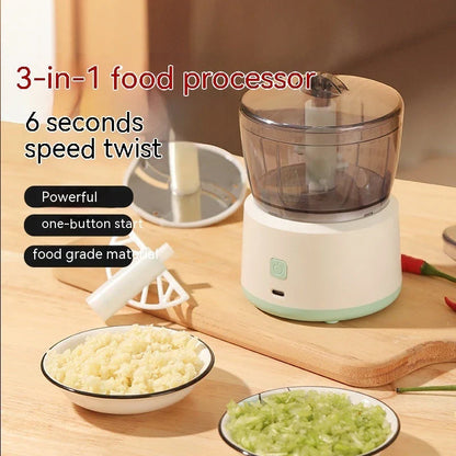 Compact and powerful electric mini meat grinder and food processor with transparent bowl, ideal for chopping, mincing, and pureeing a variety of ingredients