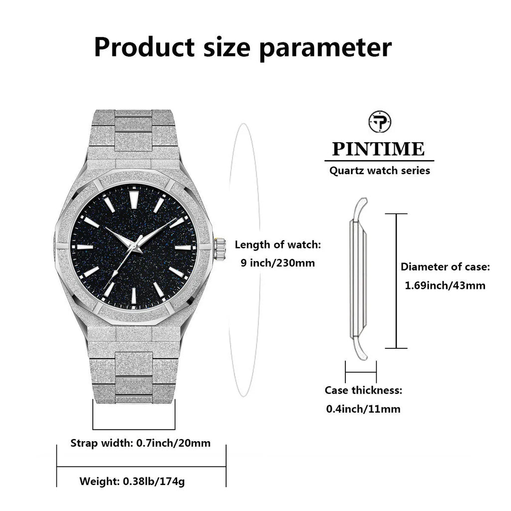 Men's frosted stainless steel business watch with luminous hands in black, gold or silver