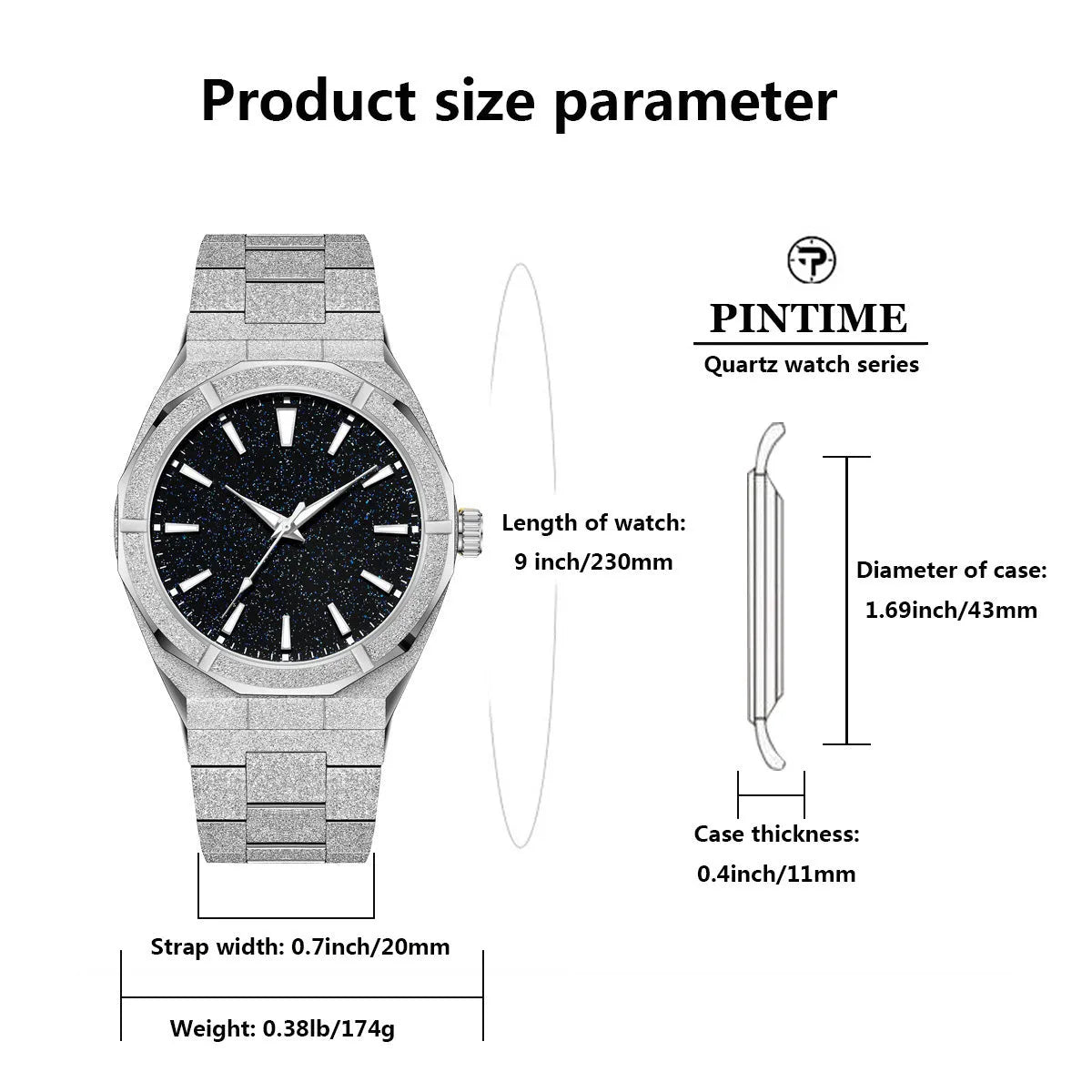 Men's frosted stainless steel business watch with luminous hands in black, gold or silver