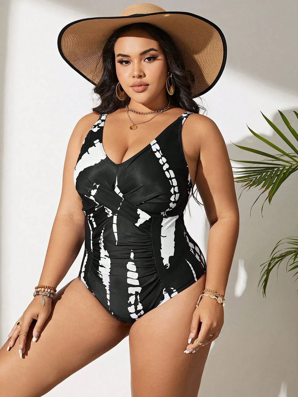 Black one-piece swimsuit with Siamese pattern in extended sizes from 0XL to 5XL