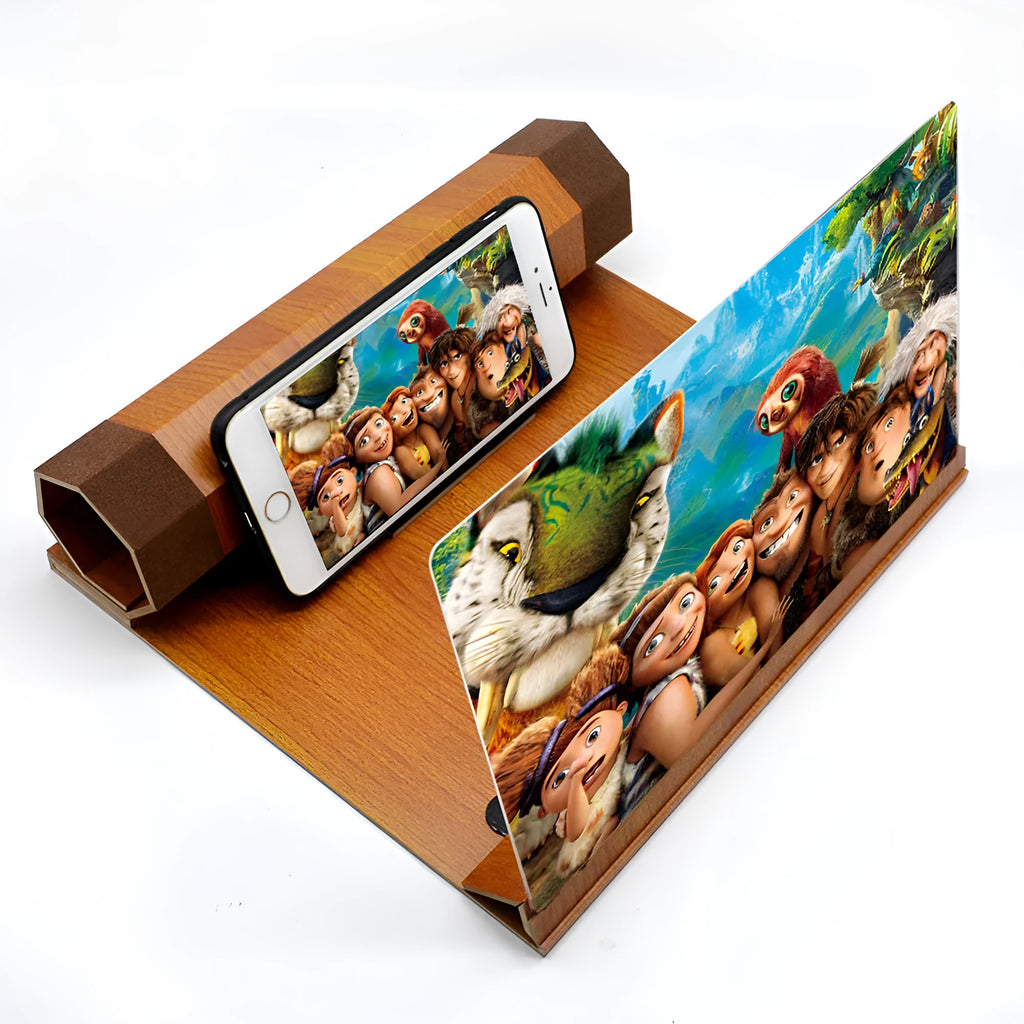 Wood grain mobile phone amplifier with clear acrylic top measuring 25.5cm wide