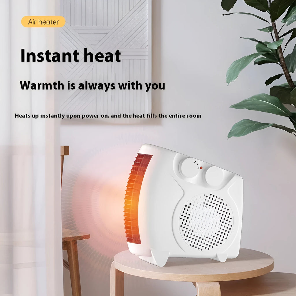 Small white electric space heater on a wooden desktop.