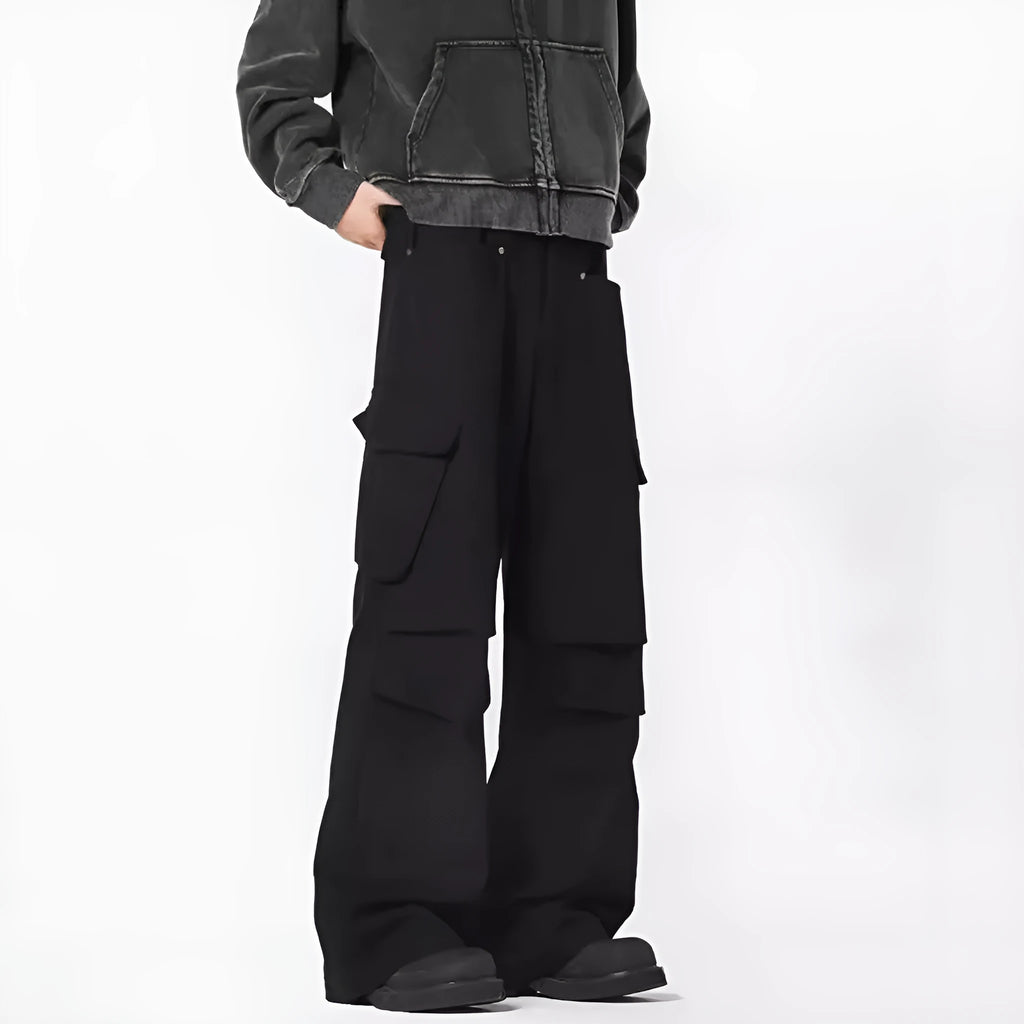 Men's retro straight leg trousers in black with high waist design and cardigan button fly