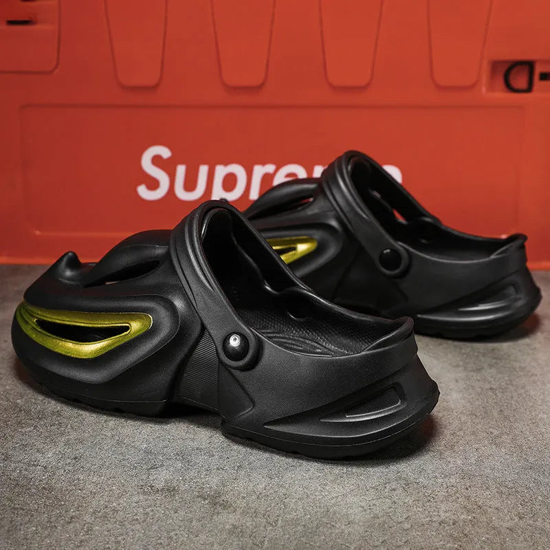 Men's solid colour EVA beach shoes in black gold, slip-on style for summer.
