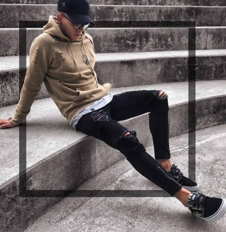 Blue streetwear ripped jeans with distressed finish on legs, straight-leg high-waist design, size S to 4XL