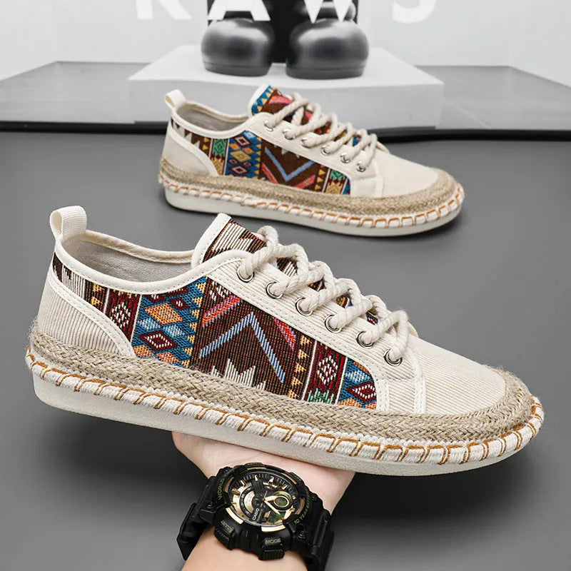Men's casual summer shoes in breathable cloth with round toe, black and beige colour options