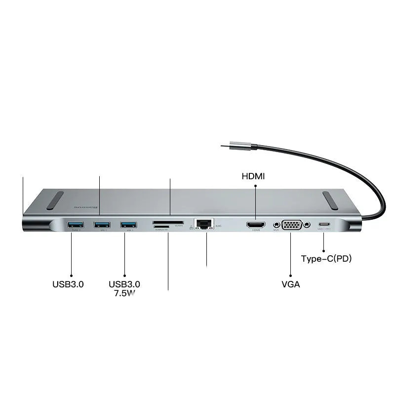 Ten-in-one USB-C multi-function adapter with aluminium alloy body and multiple ports in Space Grey