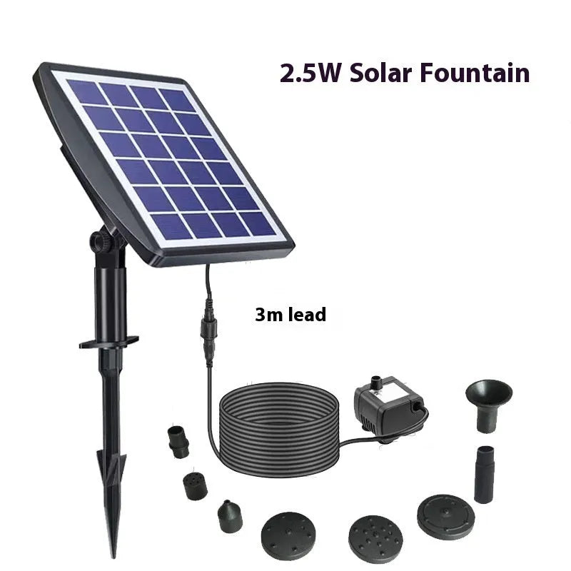 Solar floating fountain for garden pond, rockery, bird bath, or bathtub, program-controlled with 2.5W and 5W options