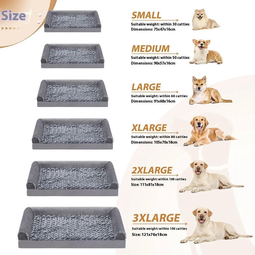 Grey U-shaped velvet dog sofa bed with removable cover, shown in a home setting.