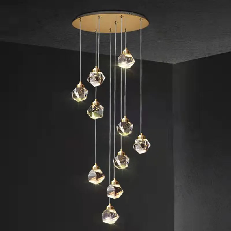 Long crane design crystal chandelier ceiling lamp for duplex stair lighting with infinite dimming