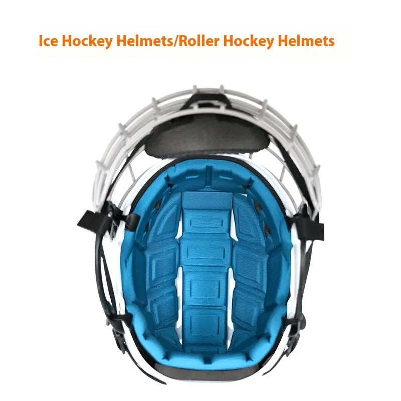 Ice hockey helmet with carbon steel face mask showing impact-resistant PP shell construction