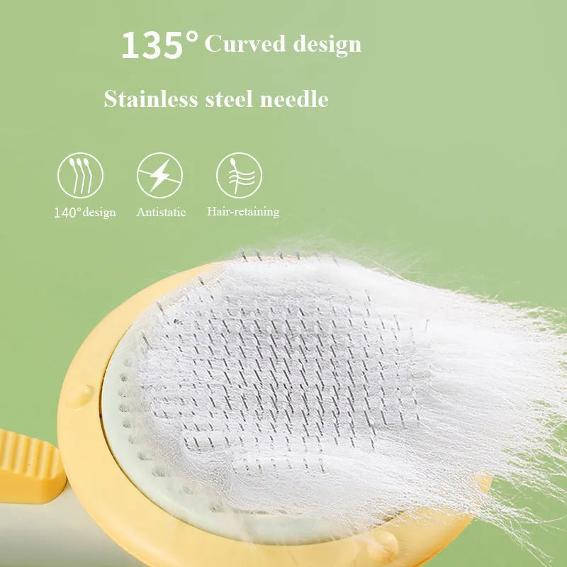 Hand-held pet grooming brush with stainless steel needles in pumpkin colour design