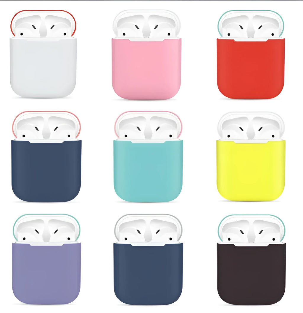 Silicone protective cover for Apple AirPods charging case shown in multiple solid colours including black, blue, and pink.