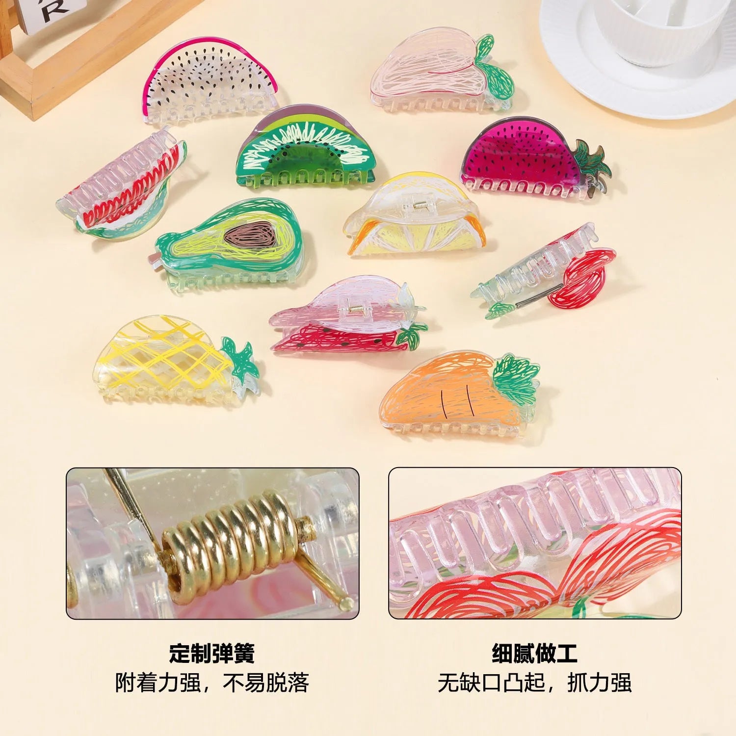 Korean creative fruit transparent PVC hair grip with asymmetric design on a white background