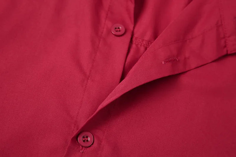 Red men's stand-up collar casual shirt with Chinese-style collar, shown in sizes S to XXXL