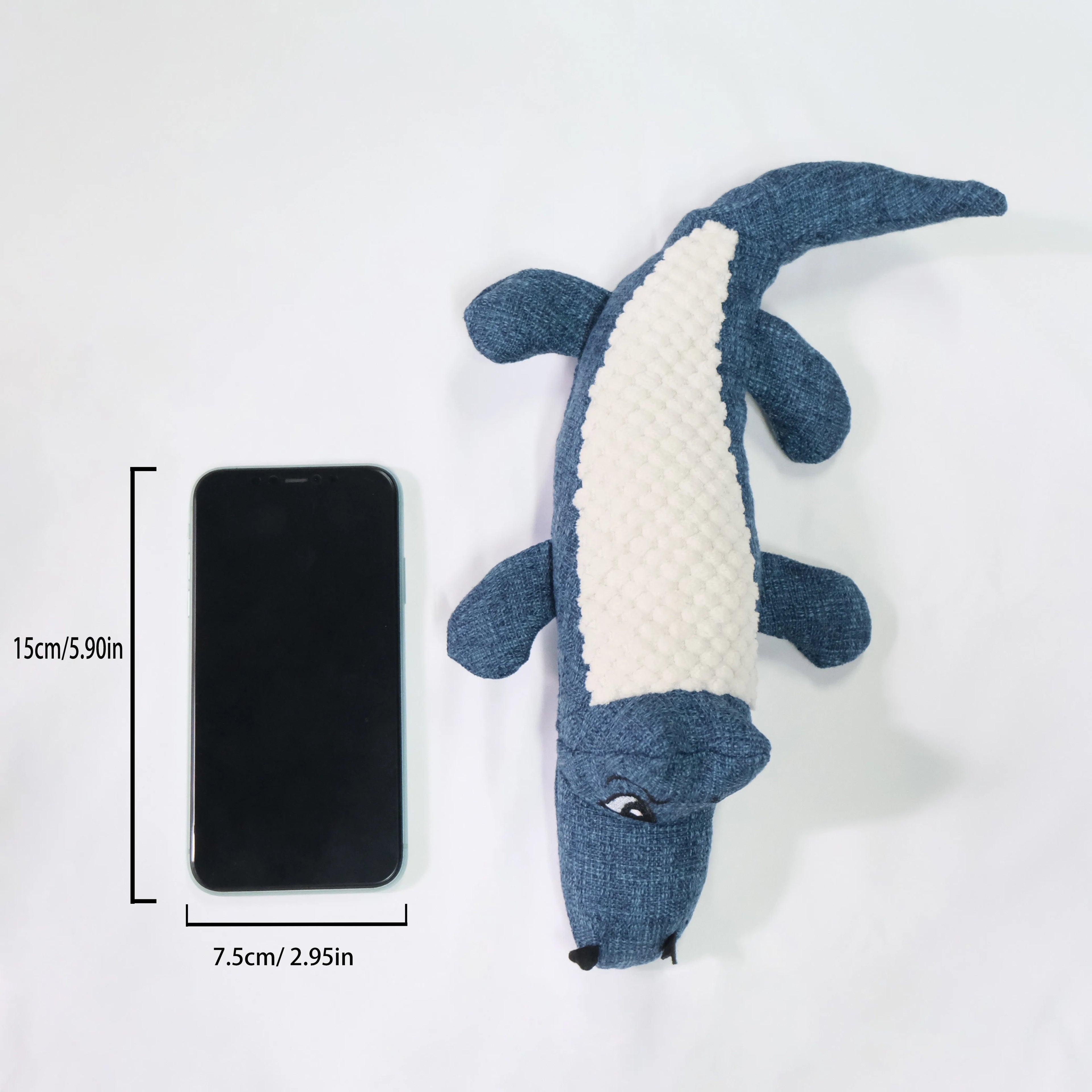 Blue pet plush chew toy with corn grid pattern and squeaker for cats and dogs