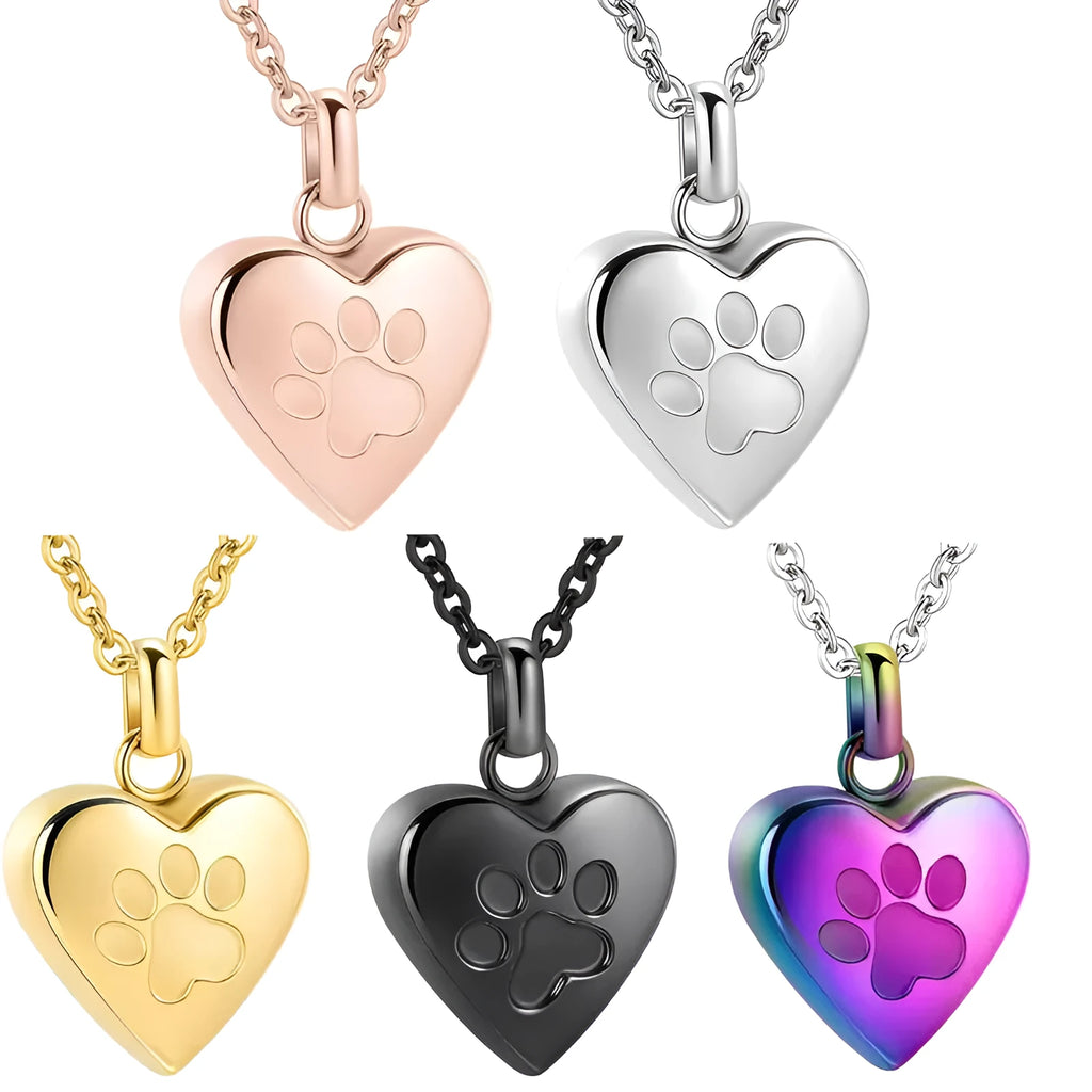 Polished titanium steel heart pendant necklace with paw print, openable casket design.