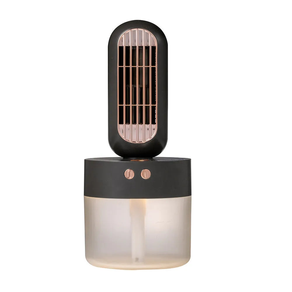 Small black and white humidifier fan with an oscillating head on a desk.