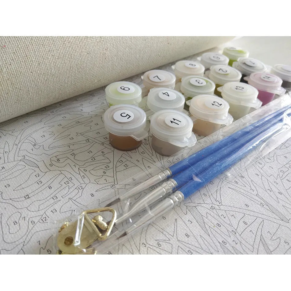 40x50cm landscape paint by numbers kit showing printed linen canvas and set of acrylic paints