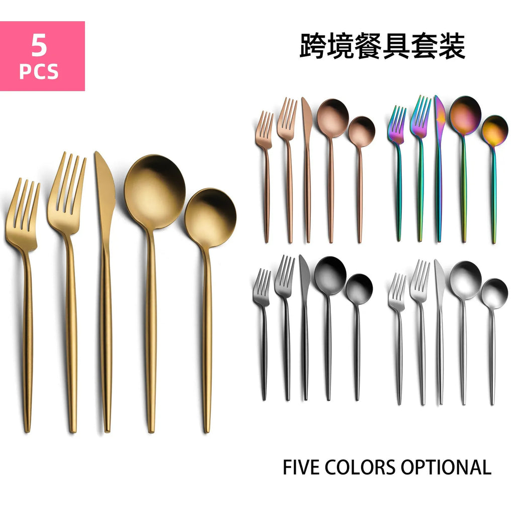 Stainless steel 5-piece Portuguese steak tableware set with sisal burnished finish in multiple colour options