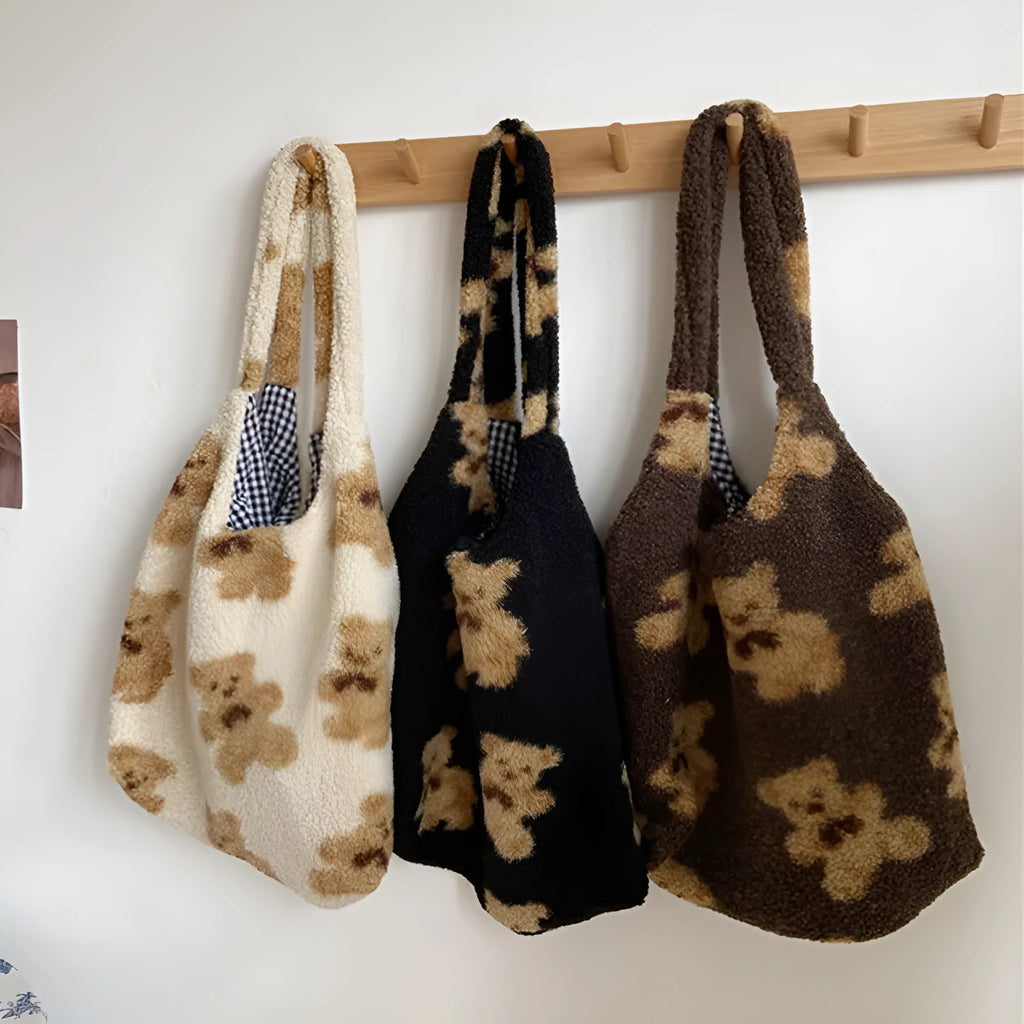 Cute bear print polyester shoulder bag in beige with soft handle and square vertical section shape