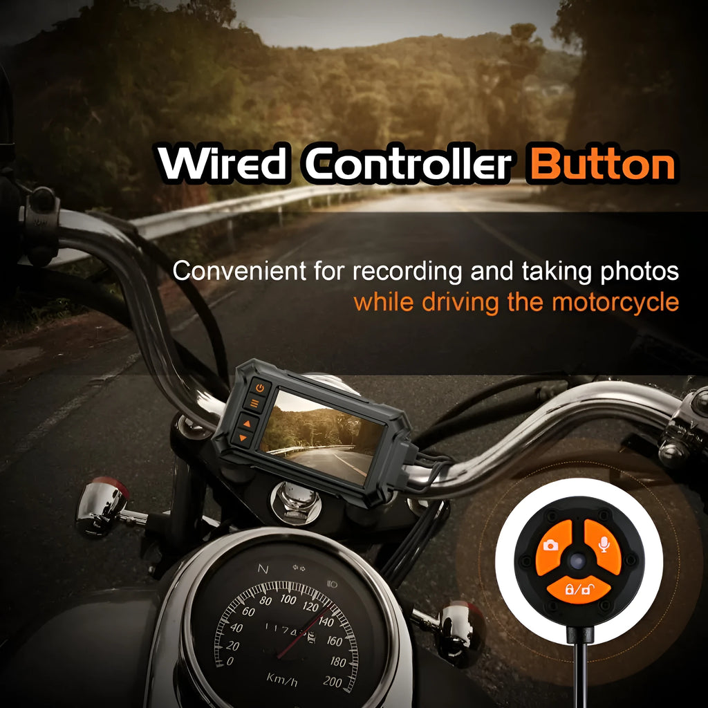 Motorcycle dual lens tachograph DVR with GPS module, ACC power cable, and handlebar controller.