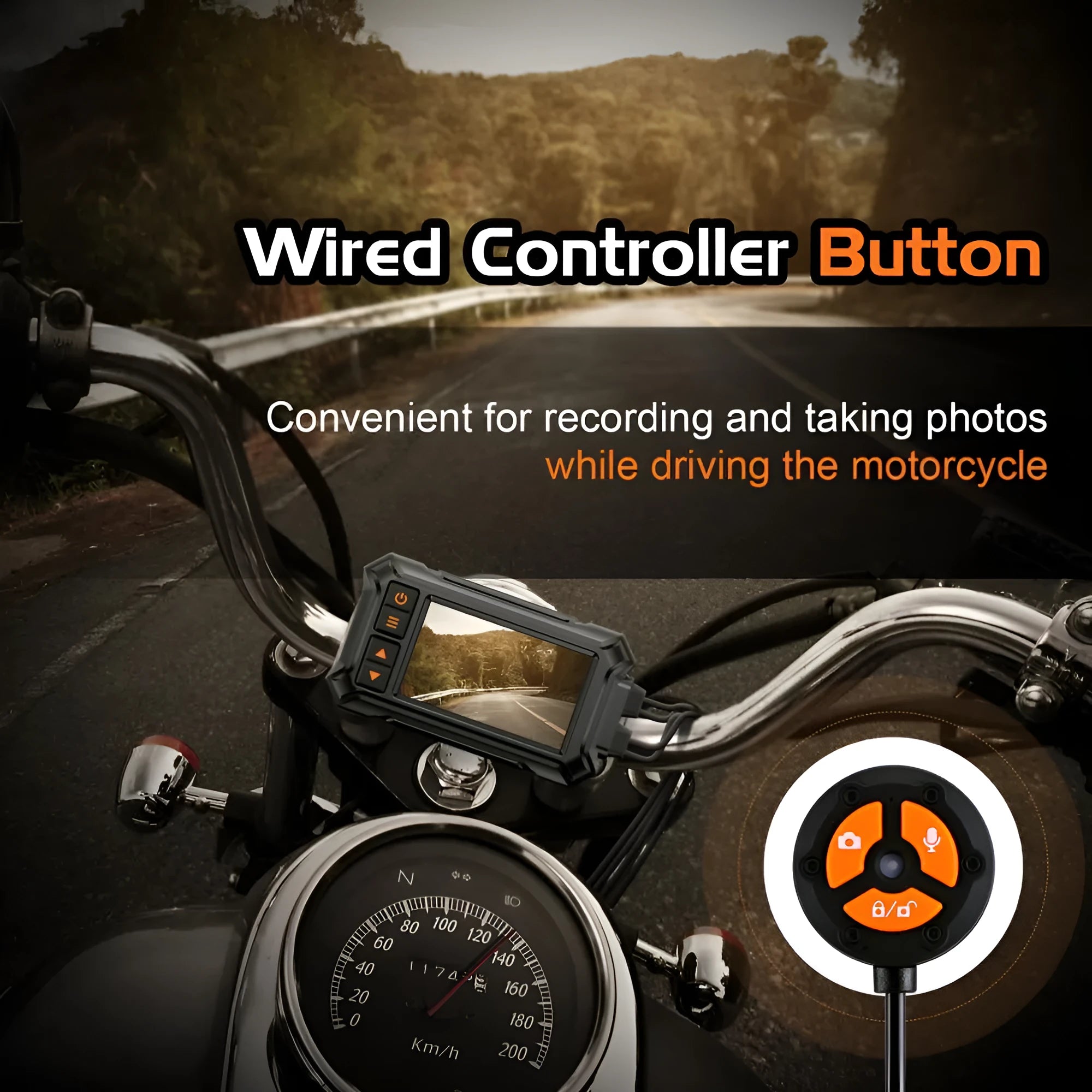 Motorcycle dual lens tachograph DVR with GPS module, ACC power cable, and handlebar controller.
