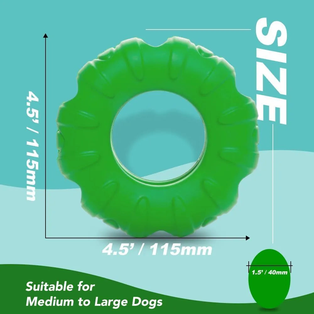 Blue tire-shaped dog chew toy with six oval openings for treat dispensing