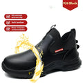 Men's black waterproof work safety shoes with high-cut microfiber leather upper and anti-slip rubber sole