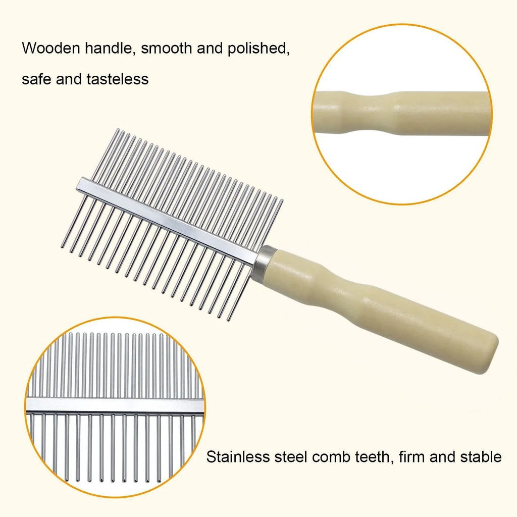Wooden handle pet grooming comb with rounded metal teeth for dogs and cats
