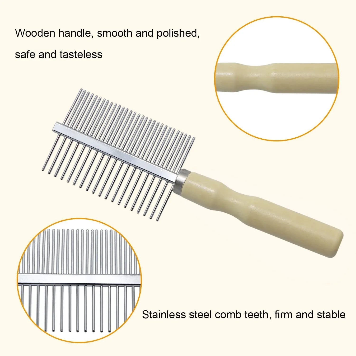 Wooden handle pet grooming comb with rounded metal teeth for dogs and cats